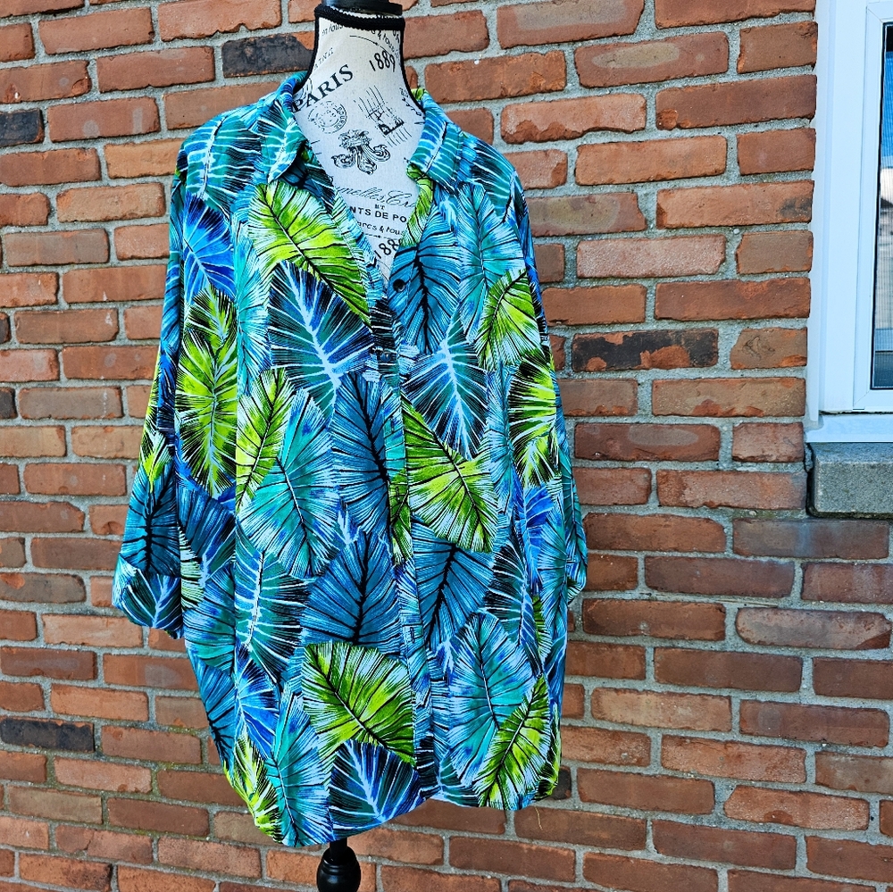 Catherines Palm Leaf Tropical Print Blouse 2X | Blue Green Leafy Top | Flowy But
